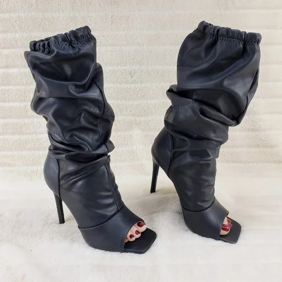 Black Square toe Scrunch Slouch Mid Calf Pull On Heeled boots Resto… - Picture 15 of 15